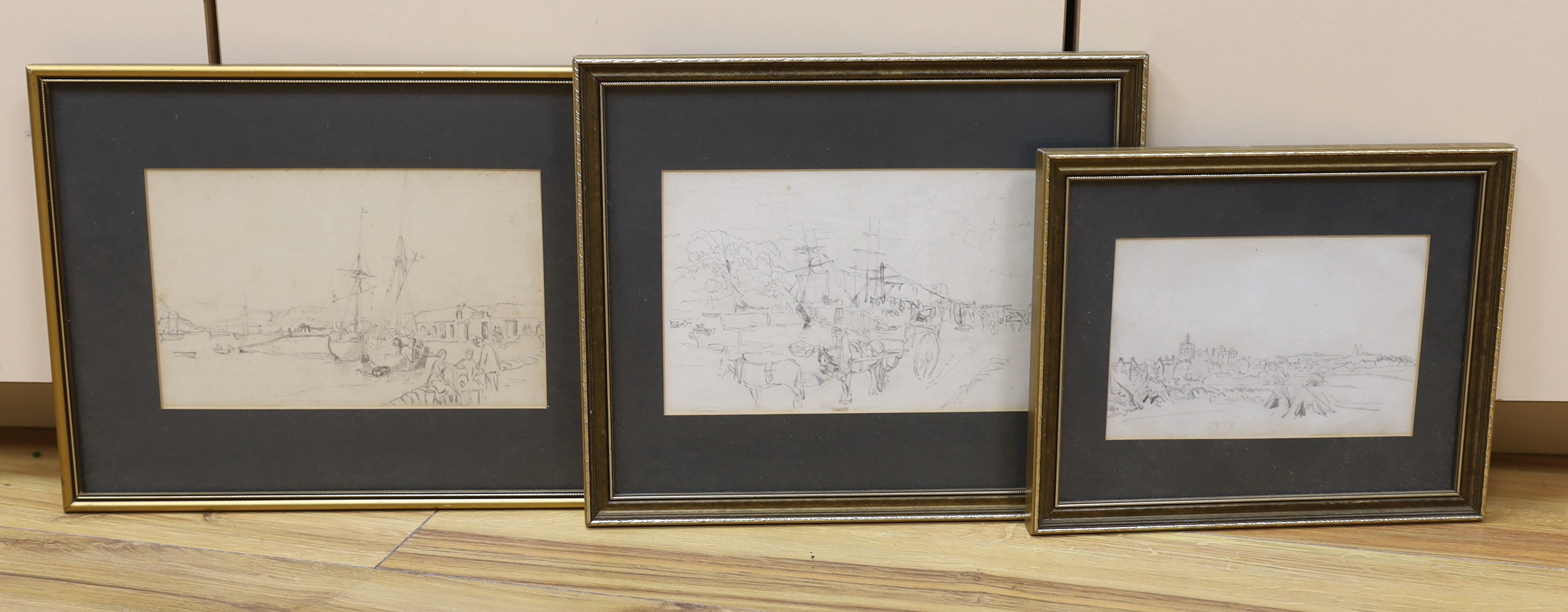 Samuel Bough (1822-1878), three pencil drawings, Harbour scenes and landscape with church steeple, attribution labels verso, largest 14.5 x 23cm